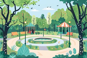 Wall Mural - A park with a fountain and benches. The fountain is surrounded by trees and bushes. There are birds in the trees and a few people sitting on the benches. The park is a peaceful