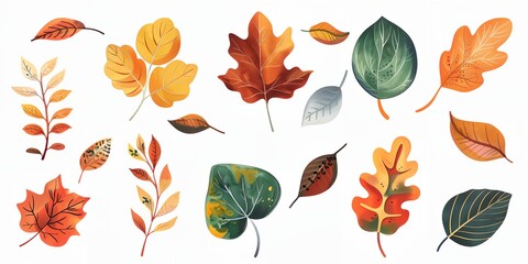 Wall Mural - A collection of autumn leaves in various shapes and sizes. The leaves are painted in different shades of orange and brown, with some leaves having green accents. Scene is warm and nostalgic