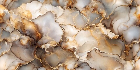 Wall Mural - A detailed image of abstract marble swirls, featuring a blend of white, beige, and gold colors. The close-up shot highlights the intricate patterns and textures of the marble