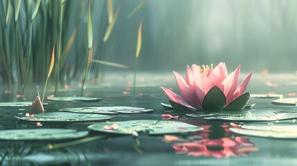 A pink lotus flower floating on the surface of a pond surrounded by lily pads and reeds.
