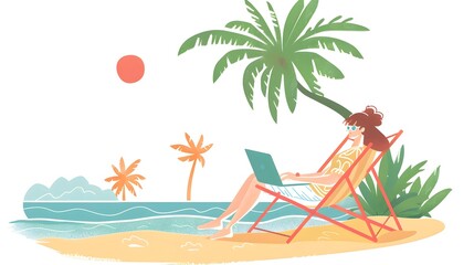 A woman relaxes on a beach chair on a tropical island while working on her laptop, A day off Customizable Semi Flat Illustration