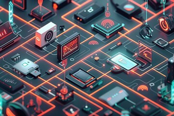 Poster - A close-up illustration of a network with various devices, including routers, modems, and smart home gadgets, connected by abstract lines symbolizing data flow. Generative AI