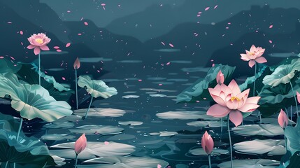 illustration of lotus lily water flower and leaf on water lake or pond nature background wallpaper
