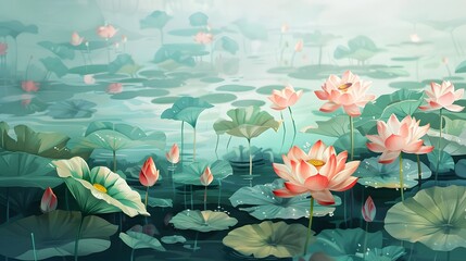 Wall Mural - illustration of lotus lily water flower and leaf on water lake or pond nature background wallpaper
