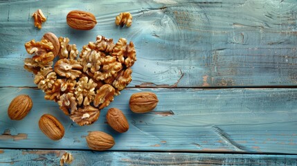 Wall Mural - Nut shaped heart made of walnuts for a healthy lifestyle flat lay perspective
