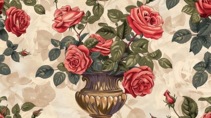 Wall Mural - Botanical Seamless Pattern with Hand Drawn Blooming Roses in Vintage Vase