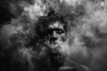 Wall Mural - dramatic black and white portrait of a man emerging from swirling clouds of smoke and dust intense chiaroscuro lighting creating a mysterious atmosphere