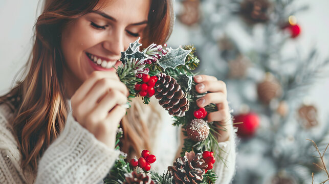 winter holidays, diy and hobby concept - close up of happy smiling woman with decorations making christmas wreath at home isolated on white background, png