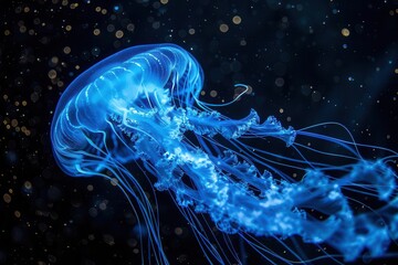 Wall Mural - ethereal blue jellyfish illuminated in dark waters gossamer tentacles trailing gracefully bioluminescent glow creating otherworldly underwater scene