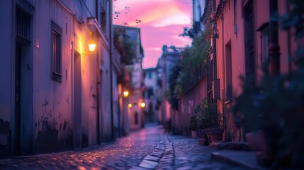 Wall Mural - ethereal italian cityscape at twilight cobblestone streets and historic architecture blurred into dreamy pastel hues soft focus creates romantic atmosphere perfect for overlaying text or designs