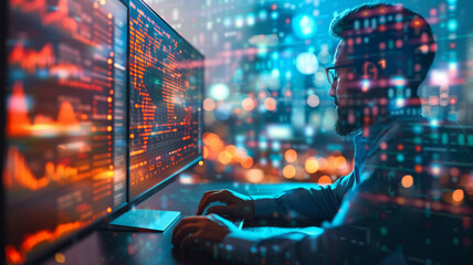 Businessman Planning Software Development at Night With Computer Screen Showing Code and Data