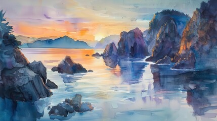 Wall Mural - ethereal watercolor seascape featuring dramatic coastal cliffs at dusk with tranquil waters reflecting the warm hues of the setting sun