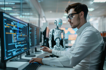 Aufkleber - Man Working on Computer With Artificial Intelligence Robot in Modern Office