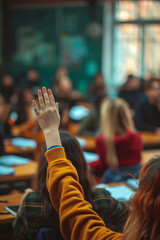 Female Student Raises Hand in Classroom Setting