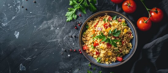 Top view of a ceramic bowl filled with vegan Turkish bulgur pilaf, featuring tomatoes, against a dark backdrop with available copy space image.