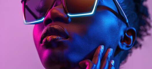 Wall Mural - A woman with dark skin wears sunglasses with a neon accent, illuminated by blue and pink neon lights, and touches her face