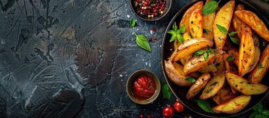 Wall Mural - Top view of country-style potato wedges with herbs and sauce, in a panoramic photograph with empty space for text or other elements. Copy space image. Place for adding text and design