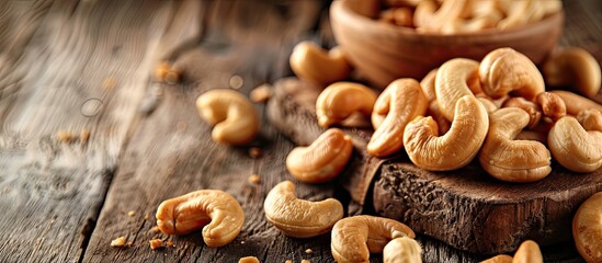 Wall Mural - Close-up of a roasted cashew nut on a wooden board with copy space image.
