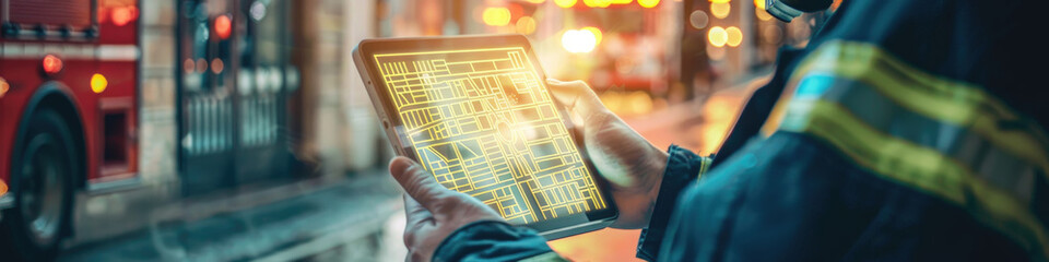 A first responder uses a digital map on a tablet device to navigate an emergency situation. The blurred background shows a fire truck and urban surroundings