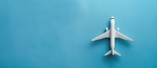 Poster - A creative flat lay image on a blue background featuring a miniature toy airplane, perfect for travel concepts, with ample copy space.