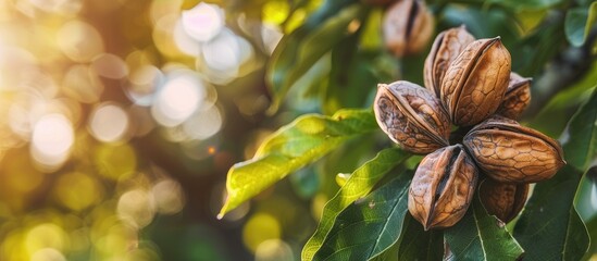 Close-up macro view of pecan nuts on a branch of a pecan tree with a clear area for additional content, like a copy space image.