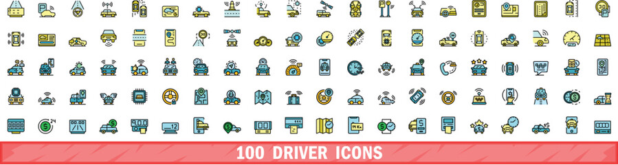Wall Mural - 100 driver icons set. color line set of driver vector icons thin line color flat on white