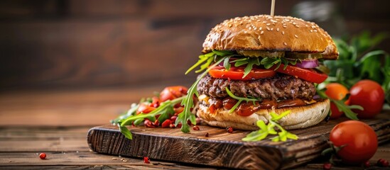 Poster - A rustic homemade burger with a juicy beef patty, fresh tomatoes, and greens presented on a wooden board, featuring a lovely ambient light with copy space image.