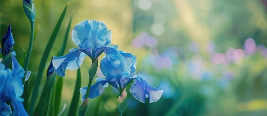 Canvas Print - Close-up of violet and blue Japanese iris flowers on a green garden backdrop with a blurred background perfect for a copy space image.