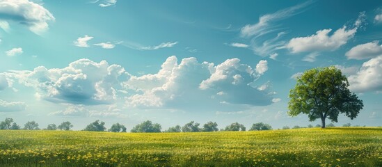 Poster - A billboard with nature scenery including green flowers, trees, a blue sky, and white clouds in the background, ideal for a copy space image.