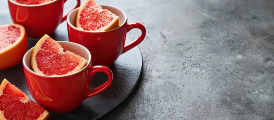 Wall Mural - Close-up view of bright red mugs with sliced grapefruit on a gray concrete backdrop, offering ample copy space image.
