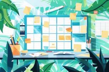 Leinwandbilder - A digital illustration depicting a home office workspace with various network devices connected by abstract lines symbolizing data flow. Generative AI