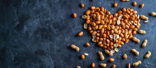 Canvas Print - Flat lay view of heart-shaped peanuts from above with spacious copy space image.