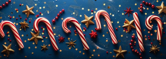 Poster - Festive Christmas Candy Canes With Gold Stars and Holly Sprigs
