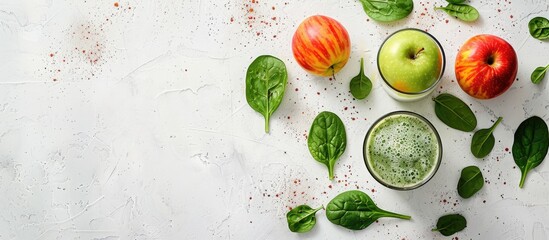 Smoothie with apple and spinach on a white textured backdrop, suitable for a copy space image.