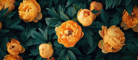 Wall Mural - Top-down close-up view of stunning yellow peonies blooming against a green backdrop, ideal for a summer flat lay with ample copy space image for text, showcasing a precious garden find.