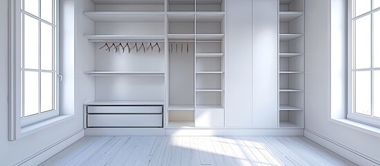 Canvas Print - Empty new house's wardrobe in dressing room setting on a white backdrop with copy space image.