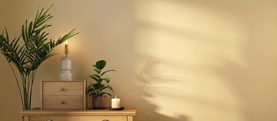 Wall Mural - In a room with a beige wall, there is a chest of drawers with a candle, bookend, and houseplants, creating a cozy atmosphere with copy space image.