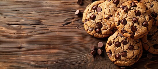 Copy space image featuring chocolate chip cookies on a wooden table.