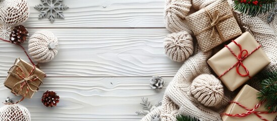 Poster - A festive Christmas composition featuring gifts, fir tree branches, and a knitted blanket arranged on a white wooden backdrop with copy space image.