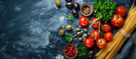 Wall Mural - Italian pasta dish called Spaghetti alla puttanesca, featuring tomatoes, olives, capers, anchovies, and parsley, perfect for an Italian food copy space image.