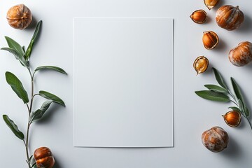 Wall Mural - Nuts and dried figs around blank white paper on white background. Flat lay food mockup photography for design and print