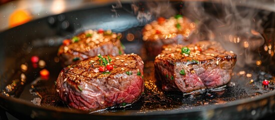 Sticker - Preparing a succulent beef filet mignon on a sizzling pan. Copy space image. Place for adding text and design