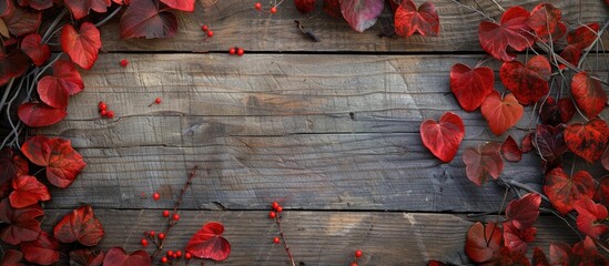 Wall Mural - Heart-shaped red autumn leaves on a wooden fall backdrop with room for text or images. Copy space image. Place for adding text and design