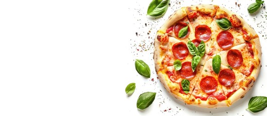 Wall Mural - Traditional Italian cuisine featuring pizza on a white background, isolated for use in menus or marketing with copy space image.