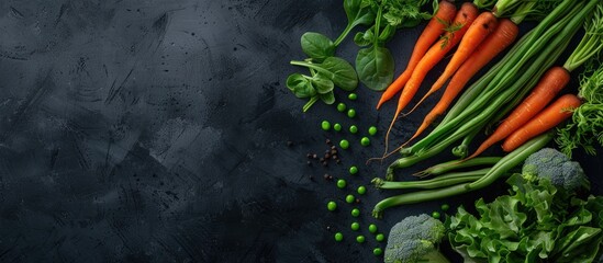 Close-up of various fresh vegetables like carrots, beetroots, green peas, and leafy greens on a black background with unedited, ample copy space for your healthy, organic, and raw food concepts.