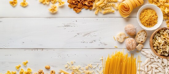 Sticker - Top-view display of various uncooked dried pasta options on a white wooden backdrop, with ample copy space image.