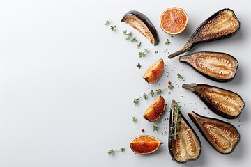 Wall Mural - Grilled eggplant and spices on white background with copy space. Flat lay food mockup photography for design and print