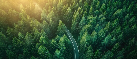 Wall Mural - Overhead view of a road winding through a lush green forest of coniferous trees at sunset, featuring a blank space for additional content in the image.