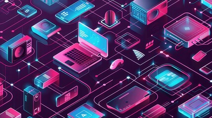 Poster - A digital illustration showcasing a variety of network devices, including routers, modems, and smart home gadgets, interconnected by abstract lines symbolizing data flow. Generative AI