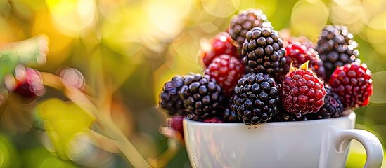 Wall Mural - Summer berry blackberry displayed in a cup with copy space image available.